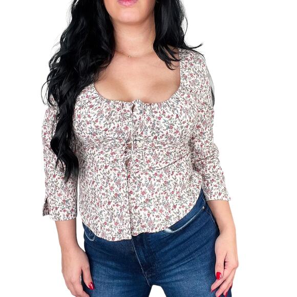 Y2k American Eagle Retro Floral Lace Up Sweetheart Top Long Sleeve Medium - Picture 2 of 7